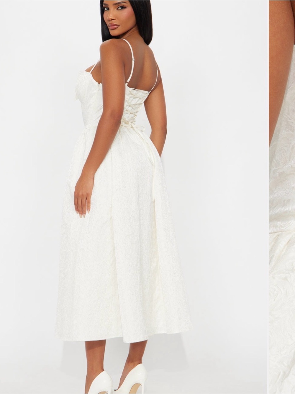 Fashion Nova Ivory Lace Midi Dress with Corset Tie Back